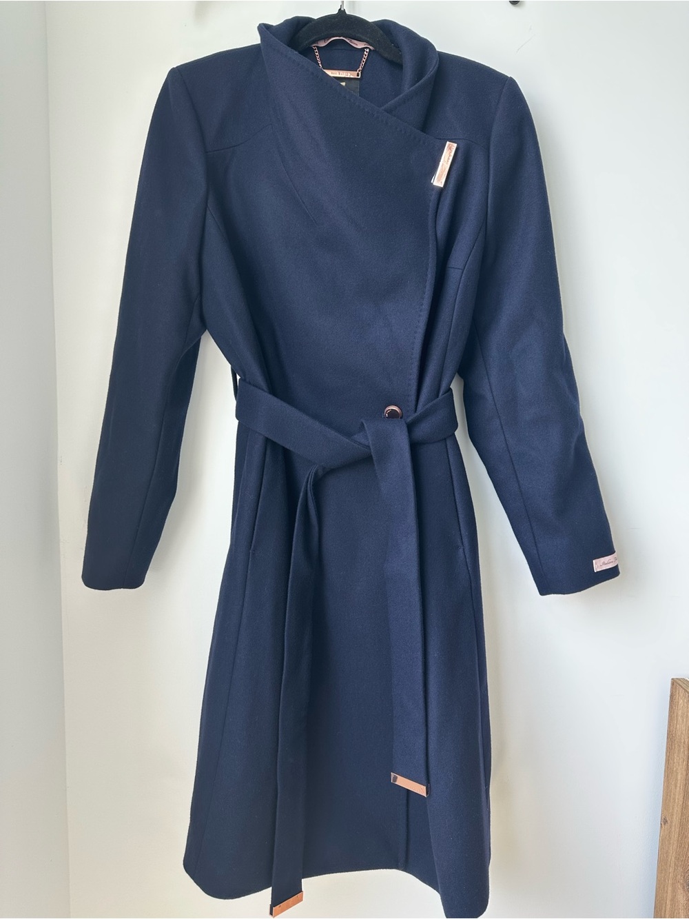 Ted Baker Navy Wrap-Front Trench Coat with Floral Lining Size 5/US 12 NWOT